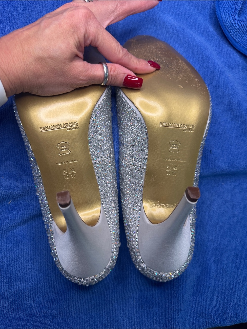 Benjamin Adam’s Silver silk / Crystal Peep-Toe Heels - - Picture 7 of 14